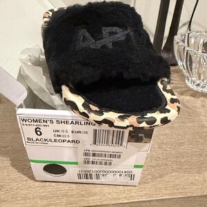 APL Women's Black Fur Slide Sandals - Leopard Trim